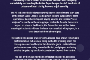 FIFPRO发布声明，呼吁立即解决印度职业足球日益严重的危机
